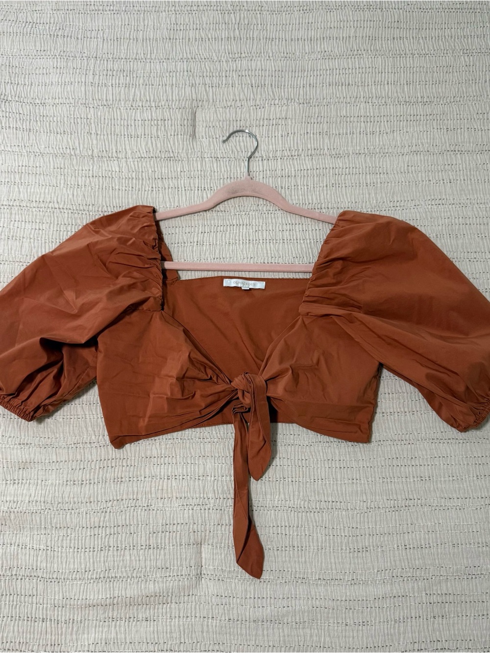 Olivaceous Rust Tie-Front Puff Sleeve Crop Top